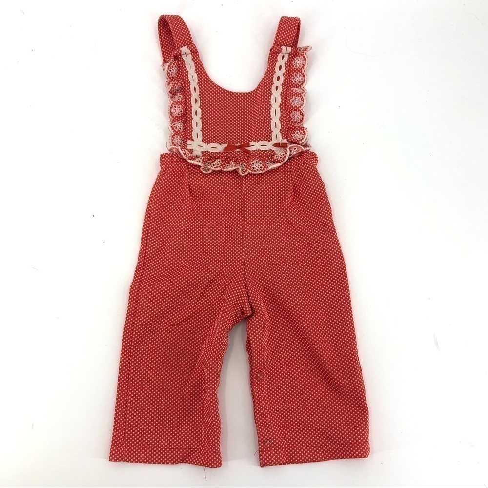 Vintage 1970’s Carter’s Overalls Ruffle Bib Jumper Polka Dot Lace Red 18 Months